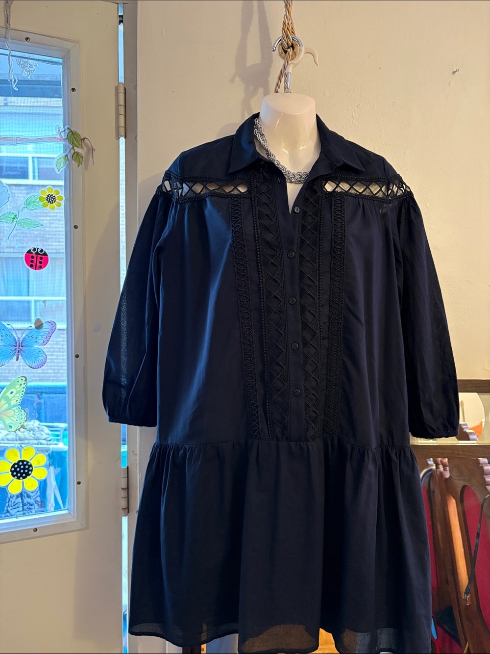 Zara Navy Button-Front Eyelet Mini Dress   Cotton